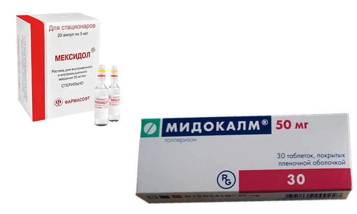 Мексидол - медикаментозный препарат, основной функцией которого является мембранопротекторное действие, Мидокалм повышает тонус скелетных мышц